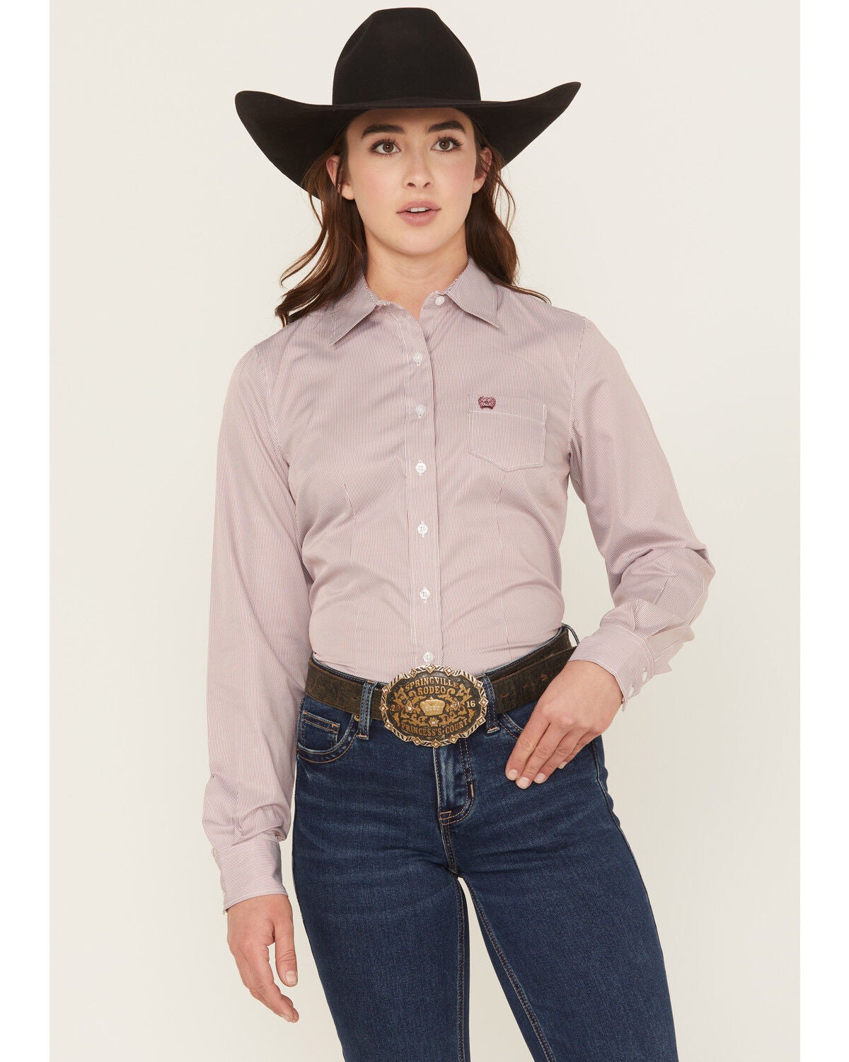 Cinch Women's TENCEL&trade; Striped Print Long Sleeve Button-Down Stretch Wester Shirt, Pink, hi-res