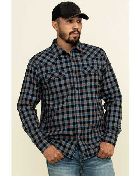 Image #1 - Moonshine Spirit Men's Train Track Check Plaid Print Long Sleeve Western Shirt , Black, hi-res