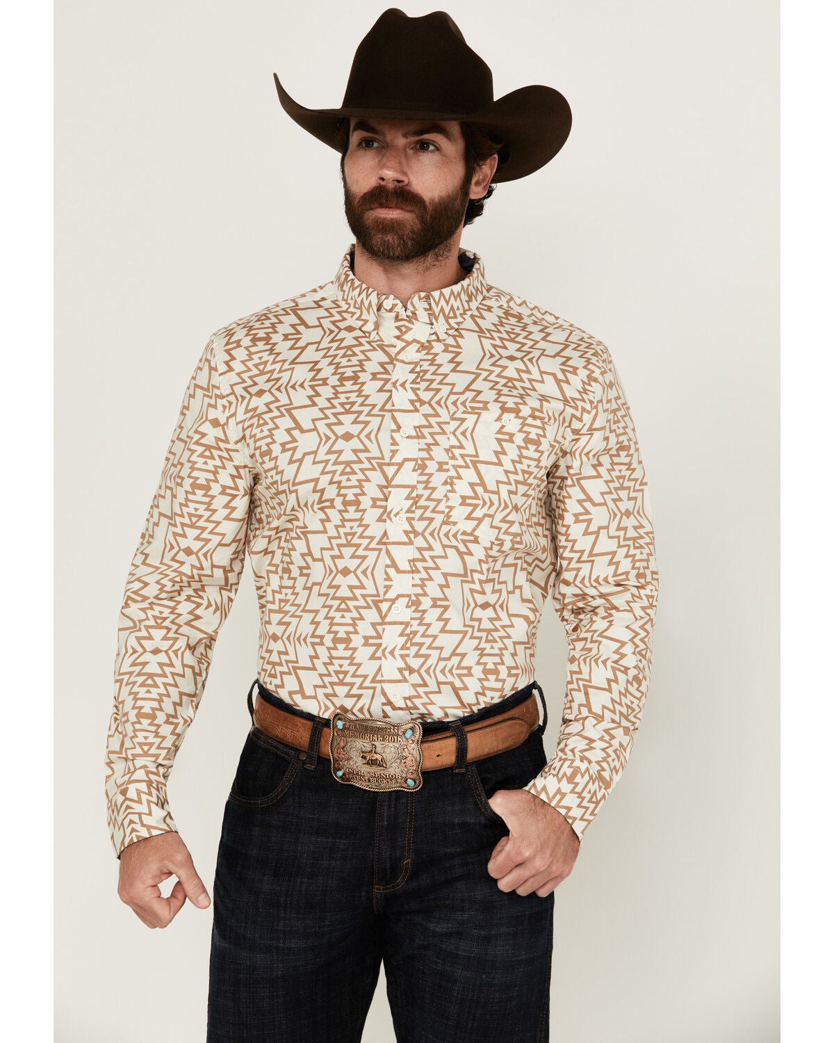 Image #1 - RANK 45&reg; Men's Trinidad Southwestern Print Long Sleeve Button-Down Stretch Western Shirt, Ivory, hi-res