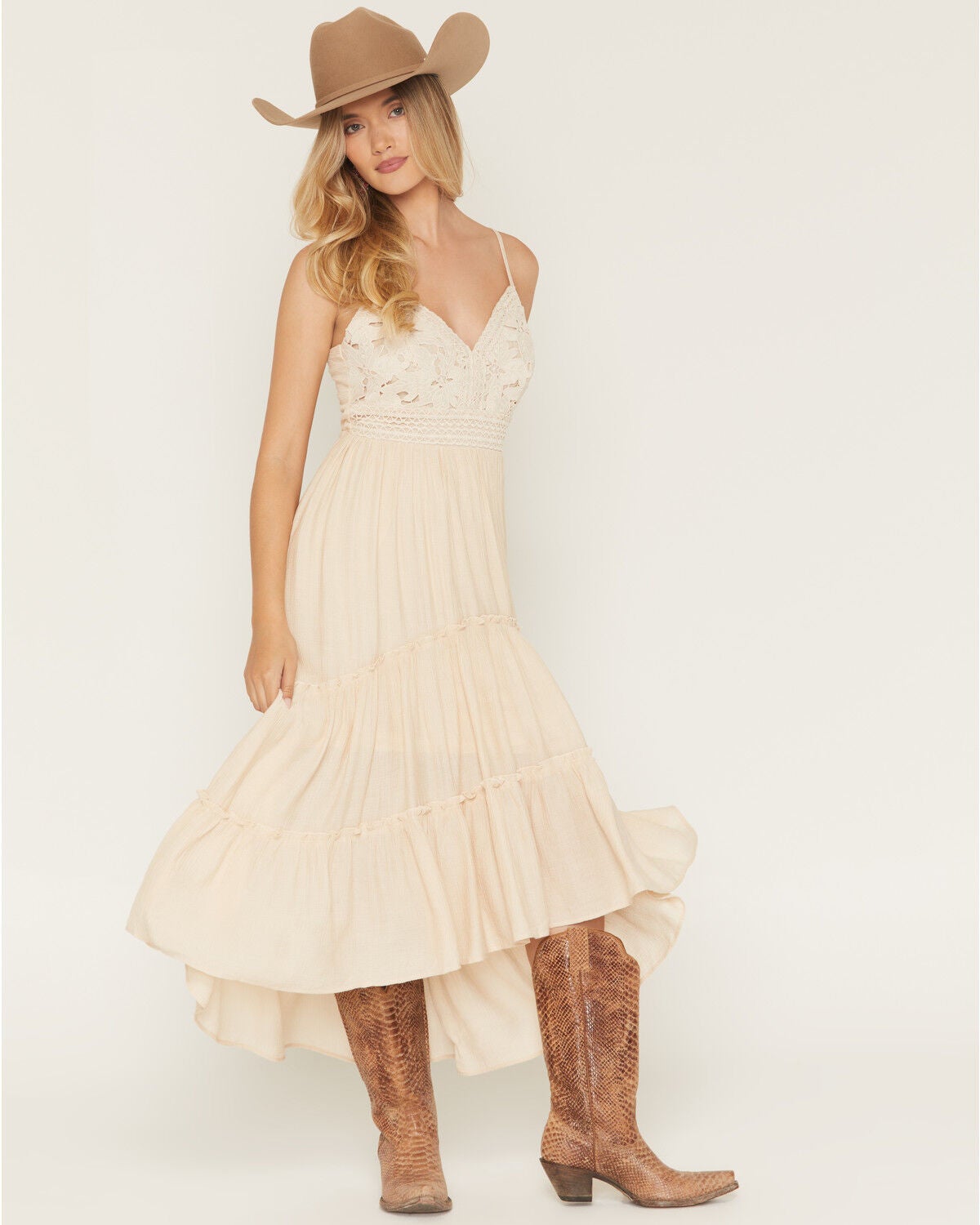 Image #1 - Shyanne Women's Aerie Crochet Front High-Low Midi Dress, Oatmeal, hi-res
