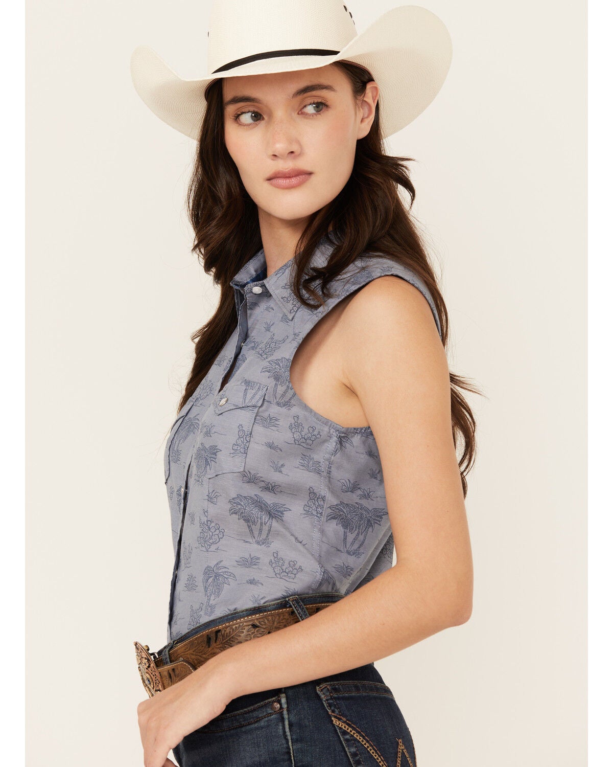 Rough Stock by Panhandle Women's Palm Tree Sleeveless Pearl Snap