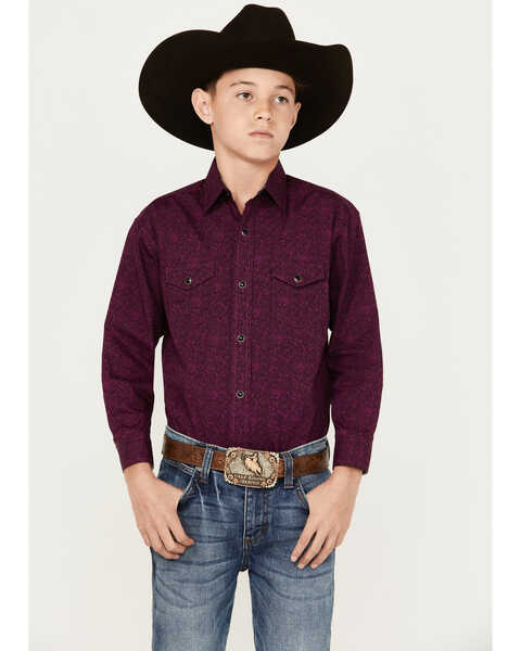 Image #1 - Panhandle Boys' Geo Print Long Sleeve Snap Western Shirt, Maroon, hi-res