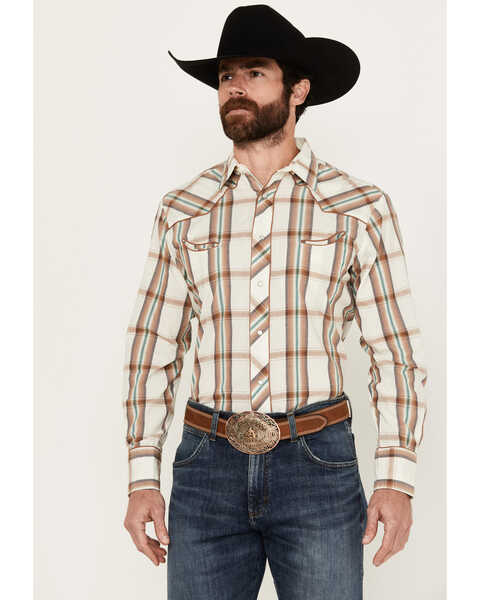 Roper Men's Plaid Print  Long Sleeve Pearl Snap Western Shirt, Cream, hi-res