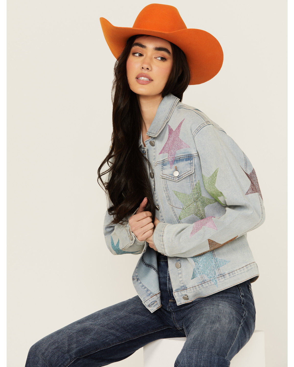 Image #1 - Blue B Women's Light Wash Rhinestone Embellished Denim Jacket, , hi-res