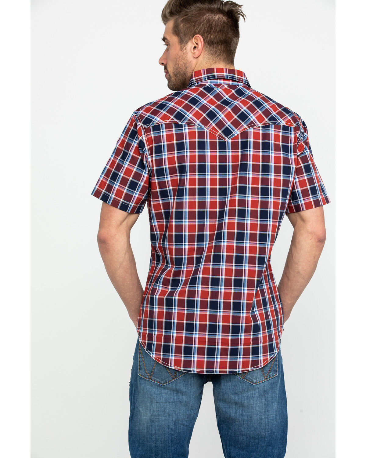 Image #2 - Wrangler Retro Men's Premium Plaid Print Short Sleeve Western Shirt, Navy, hi-res