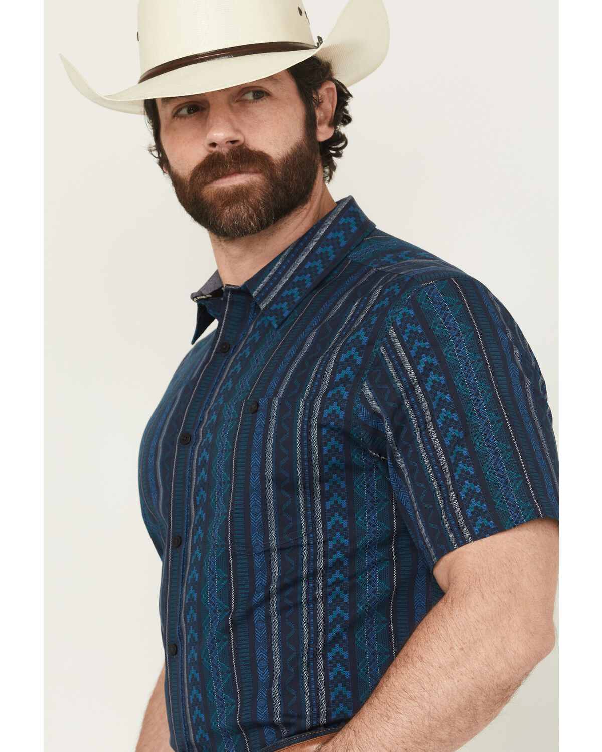 Image #2 - RANK 45® Men's Texas Ranger Striped Print Short Sleeve Button-Down Stretch Western Shirt, Blue, hi-res