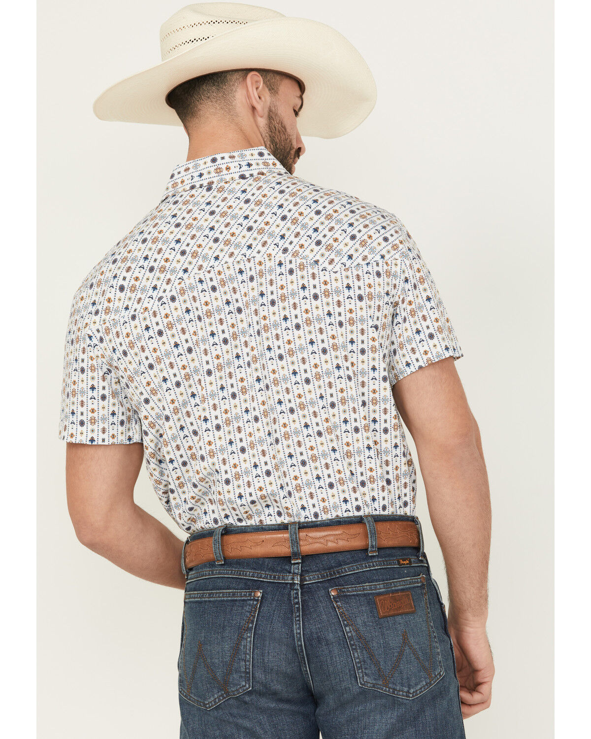 Image #4 - Panhandle Men's Southwestern Wallpaper Print Short Sleeve Snap Performance Western Shirt, White, hi-res