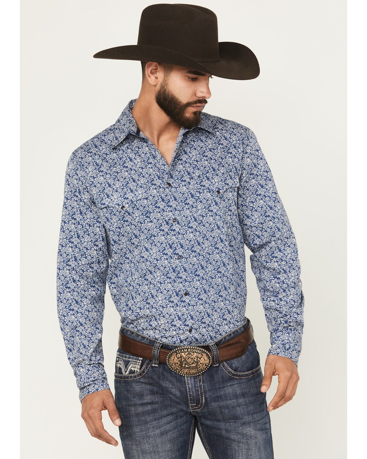 Stetson Men's Floral Print Long Sleeve Snap Western Shirt, Blue, hi-res