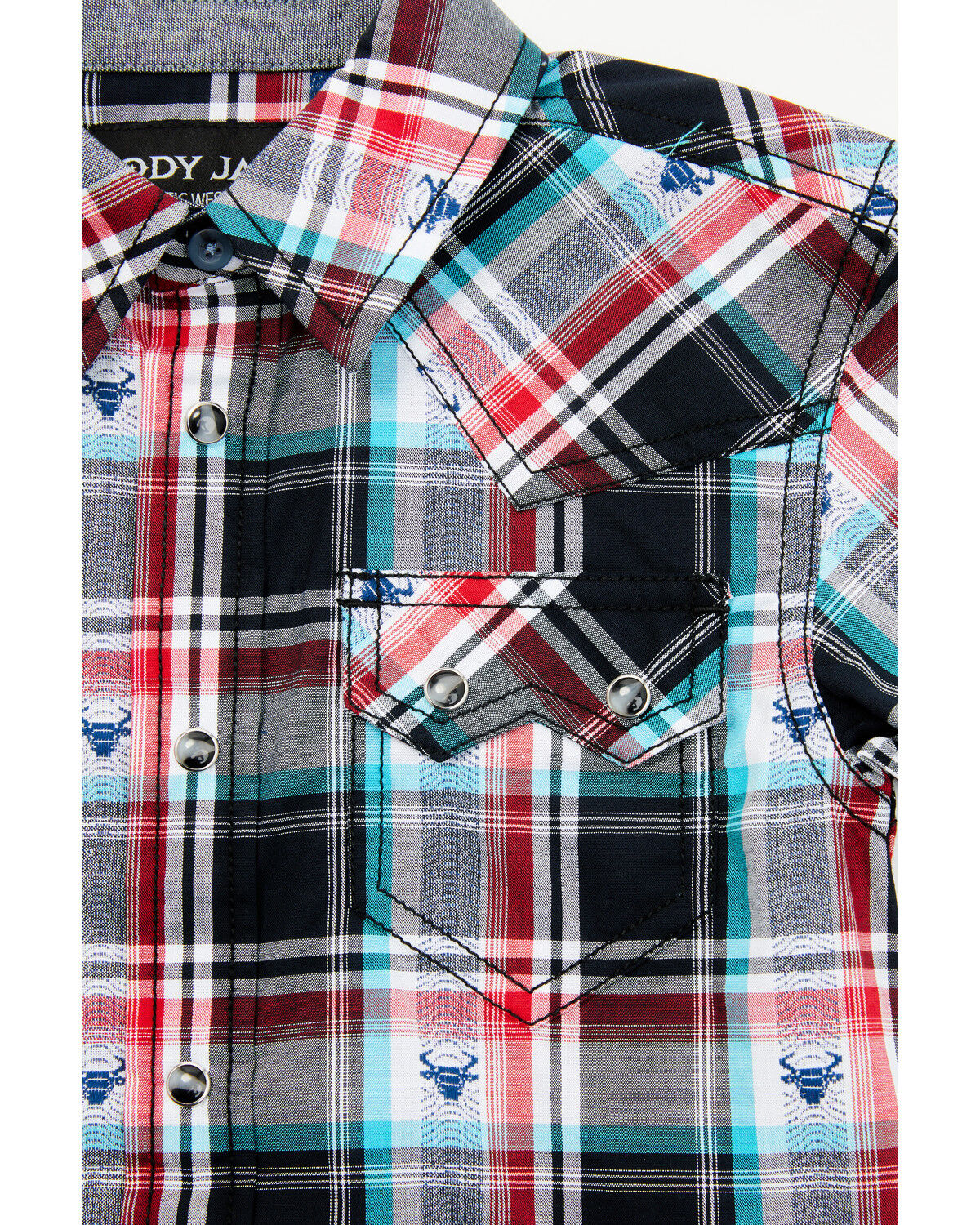 Image #2 - Cody James Toddler Boys' Steerhead Plaid Print Short Sleeve Snap Western Shirt, Navy, hi-res