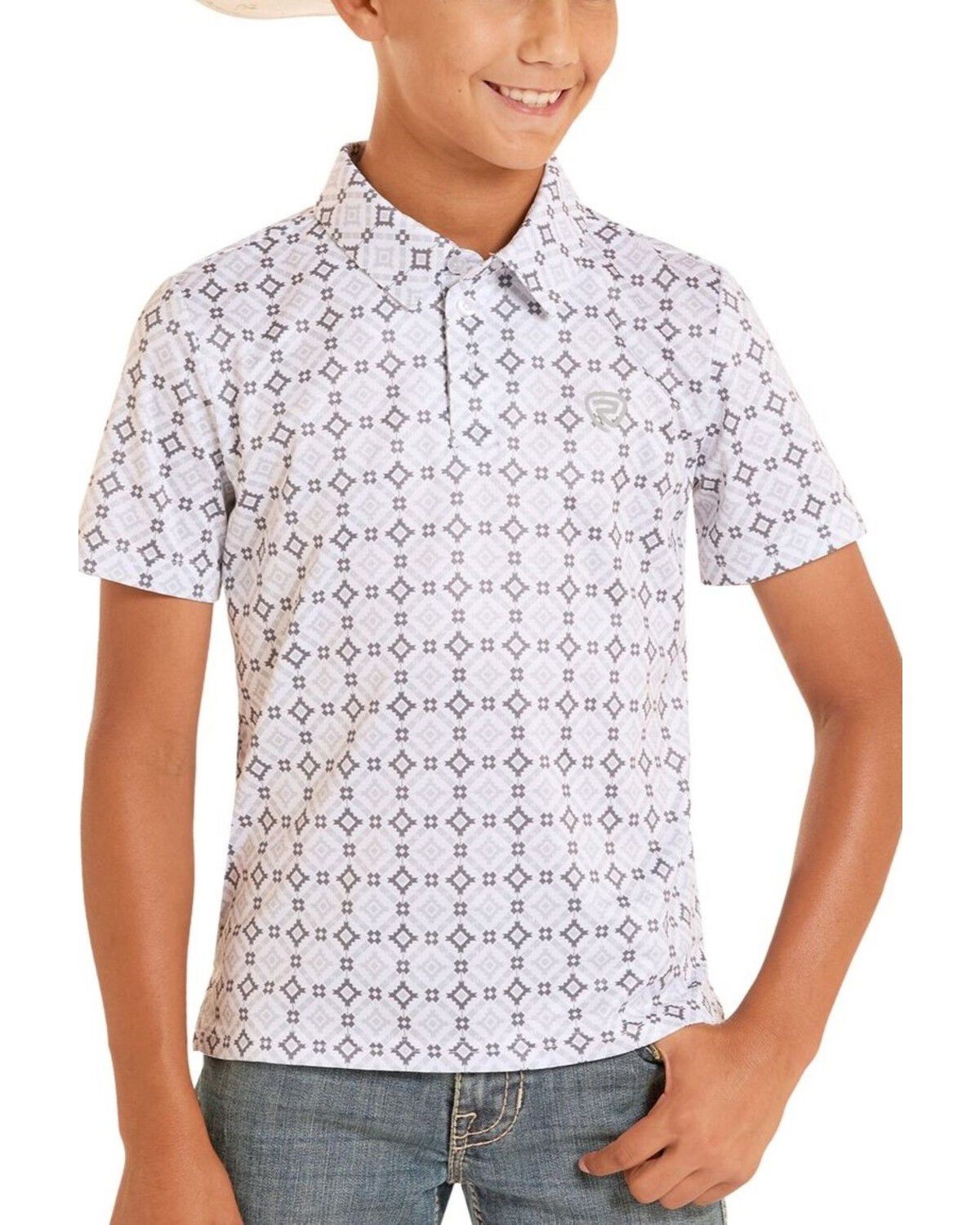 Rock & Roll Denim Boys' Medallion Print Short Sleeve Button-Down Polo, White, hi-res