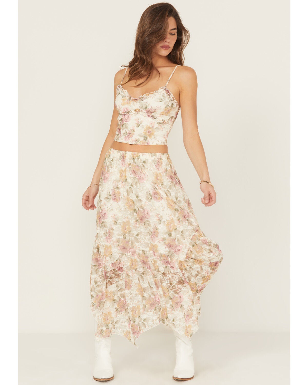 Originality Women's Boot Barn Exclusive Floral Print Lace Midi Skirt, Ivory, hi-res
