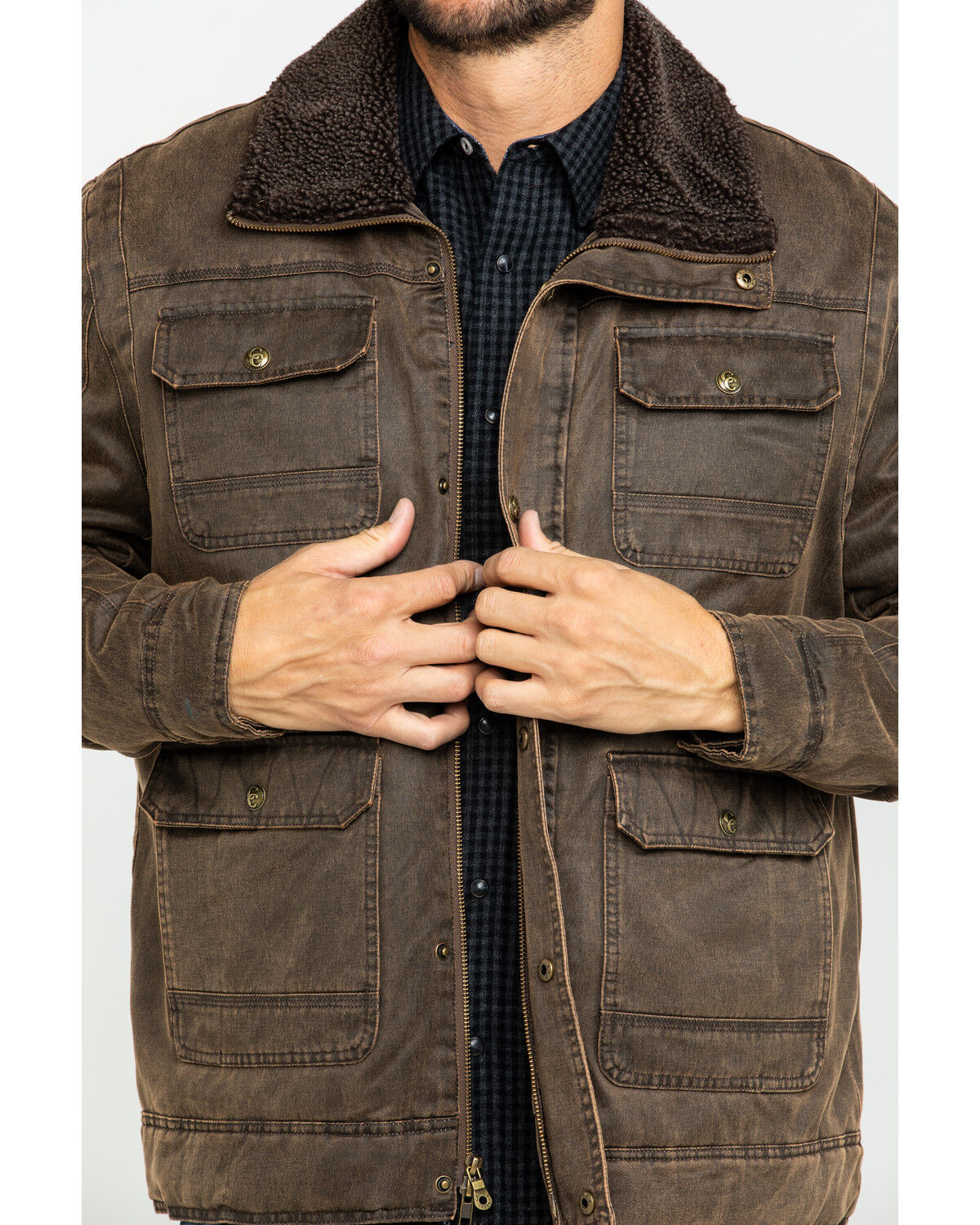 Image #4 - Cripple Creek Men's Enzyme Washed Storm Flap Sherpa Jacket, Chocolate, hi-res