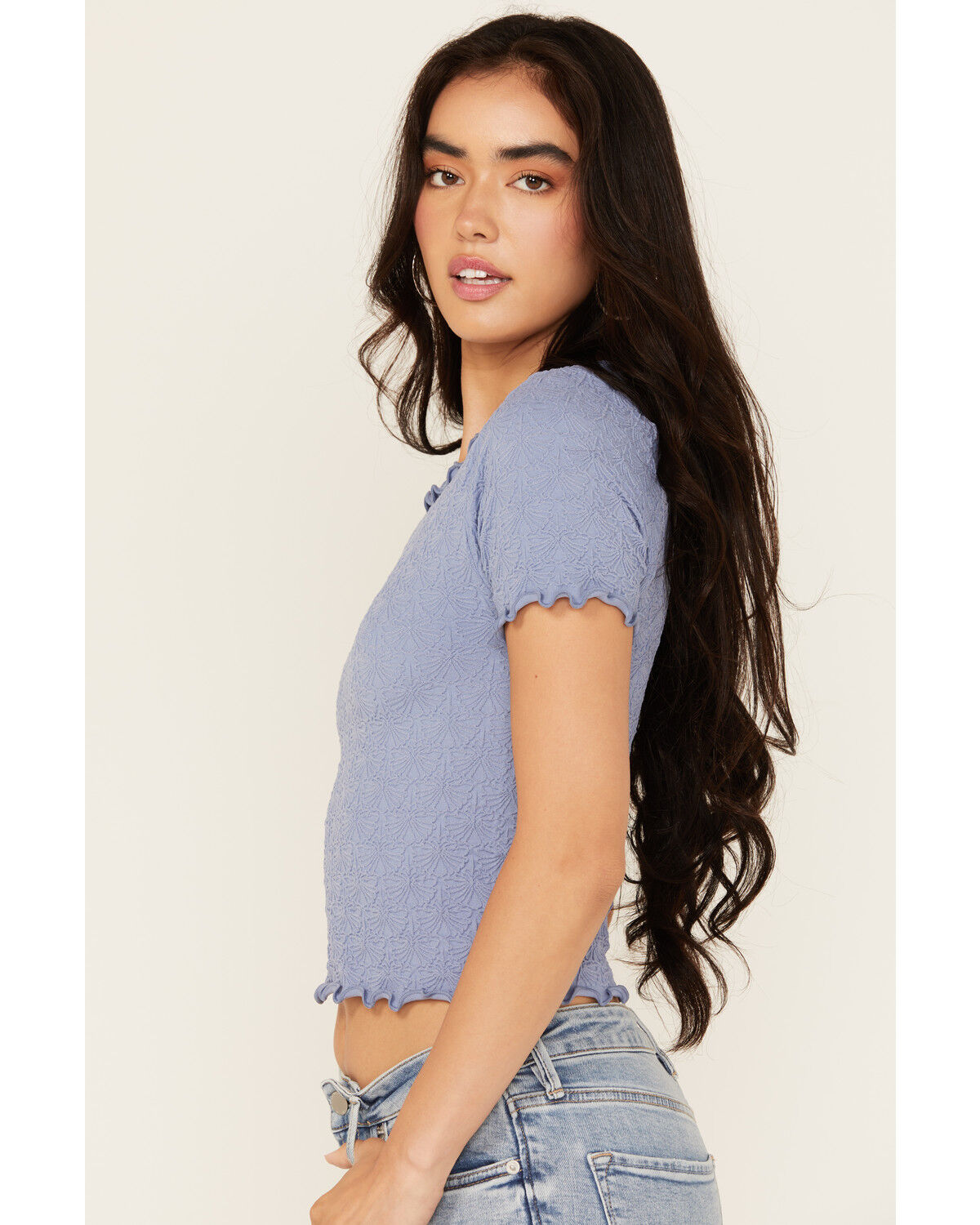 Image #2 - Fornia Women's Solid Lettuce Edge Short Sleeve Tee, Blue, hi-res