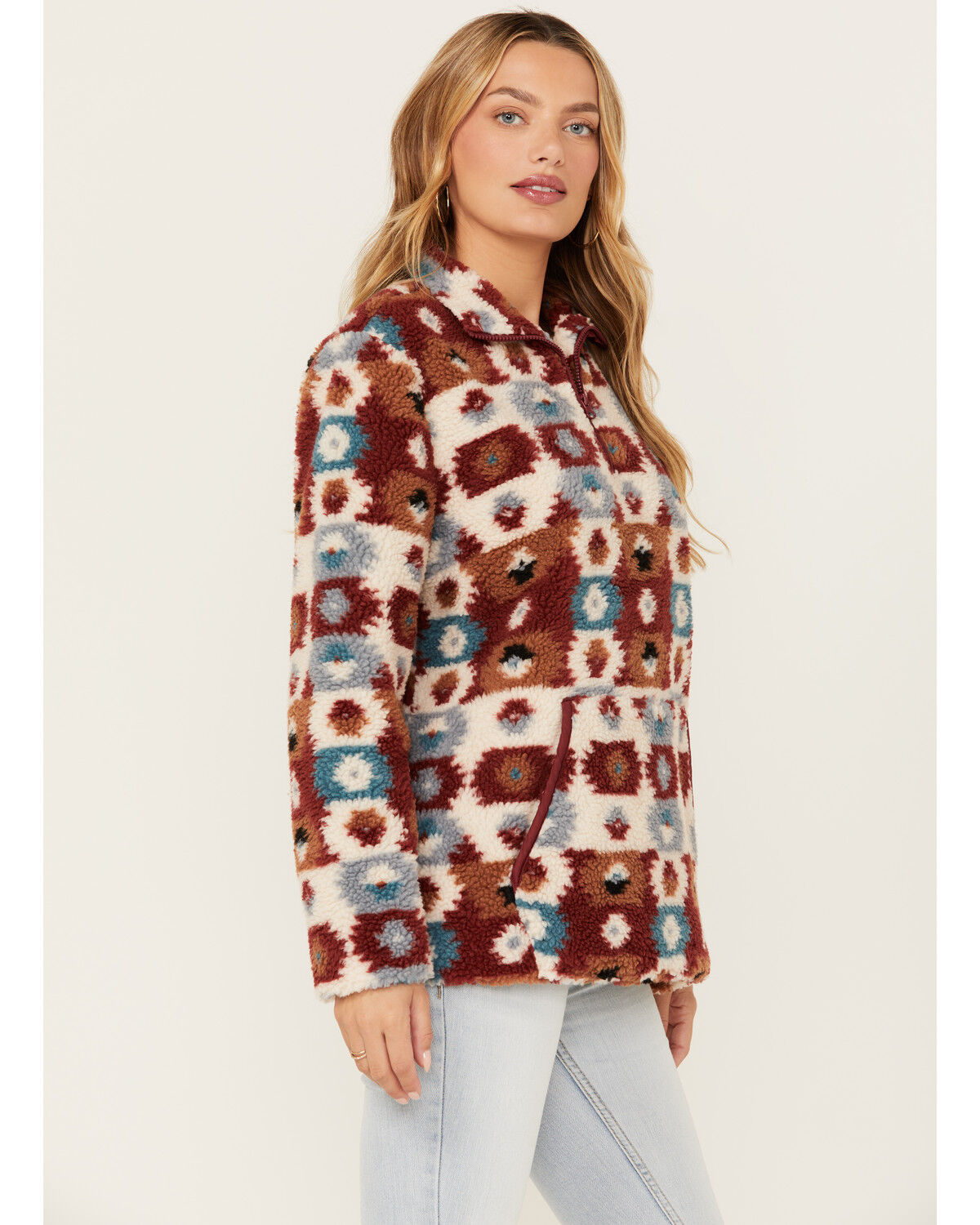 Image #2 - Cotton & Rye Women's Southwestern Print Sherpa Half Zip Pullover, Rust Copper, hi-res