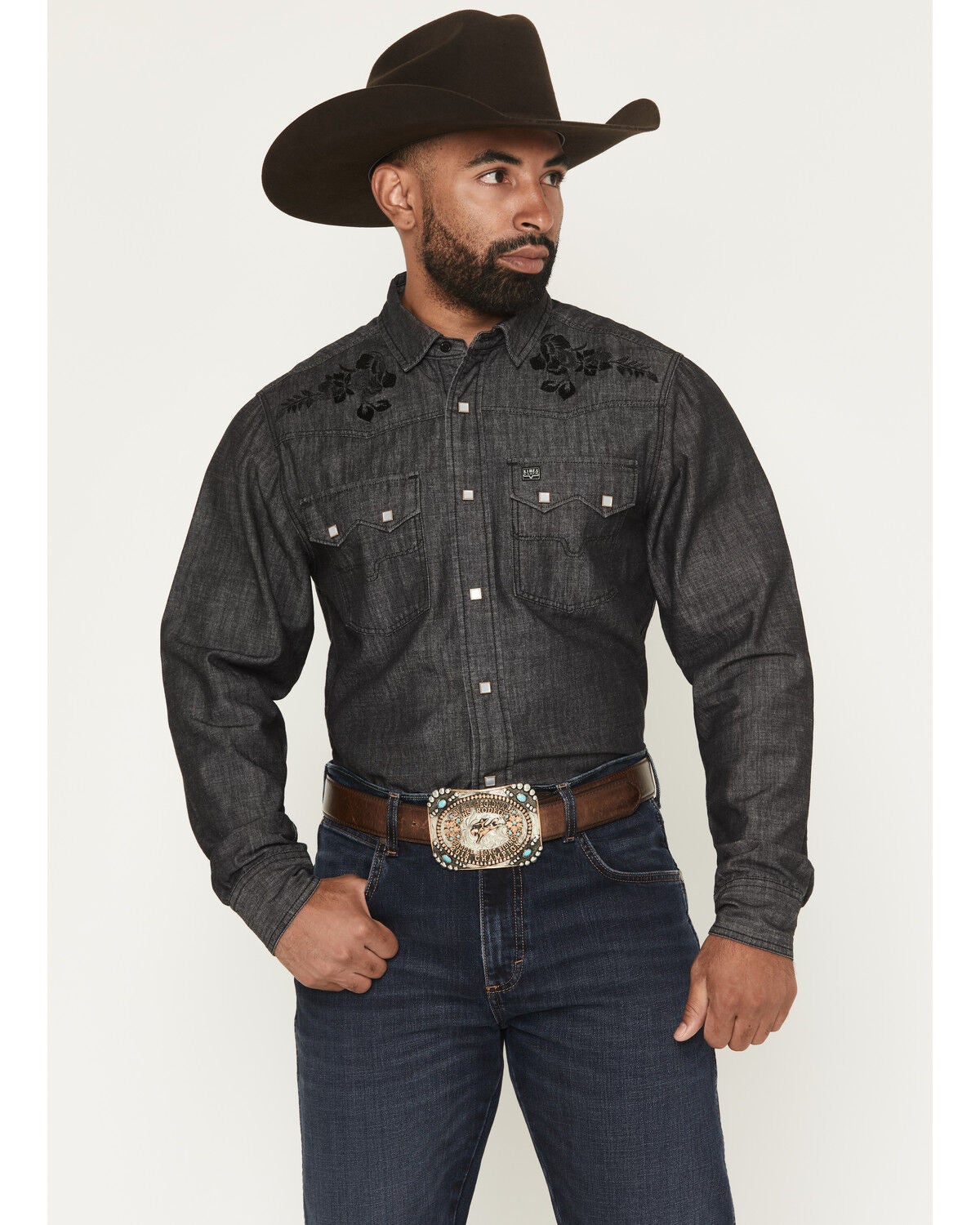 Image #1 - Kimes Ranch Men's Memphis Denim Embroidered Long Sleeve Snap Western Shirt, Black, hi-res
