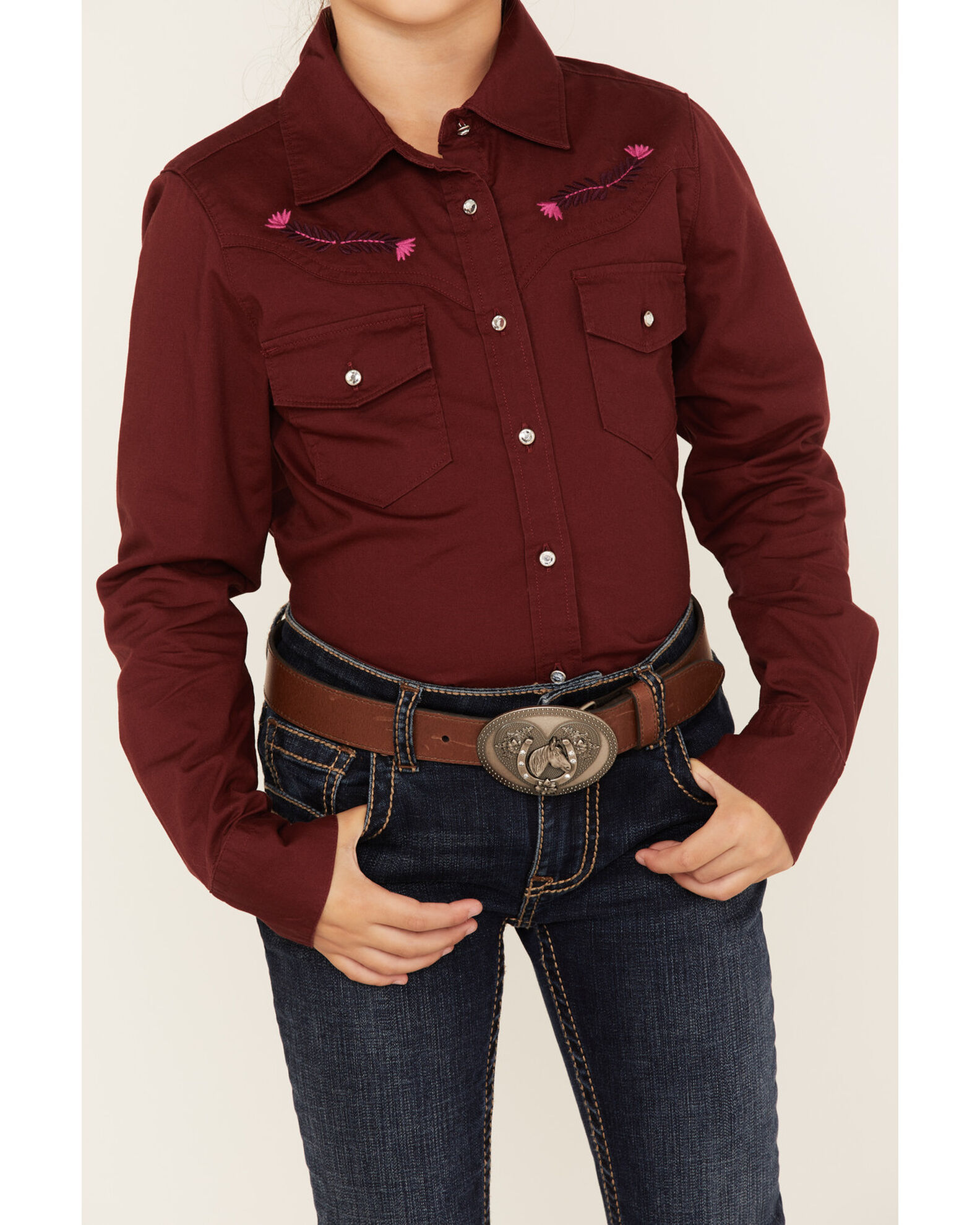Image #3 - Shyanne Girls' Embroidered Long Sleeve Western Button-Down Shirt, Wine, hi-res