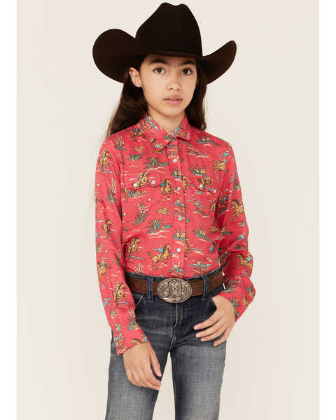 Roper Girls' Five Star Floral Horse Print Long Sleeve Western Snap Shirt, Red, hi-res