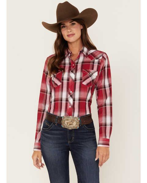Roper Women's Plaid Print Long Sleeve Snap Western Shirt, Red, hi-res