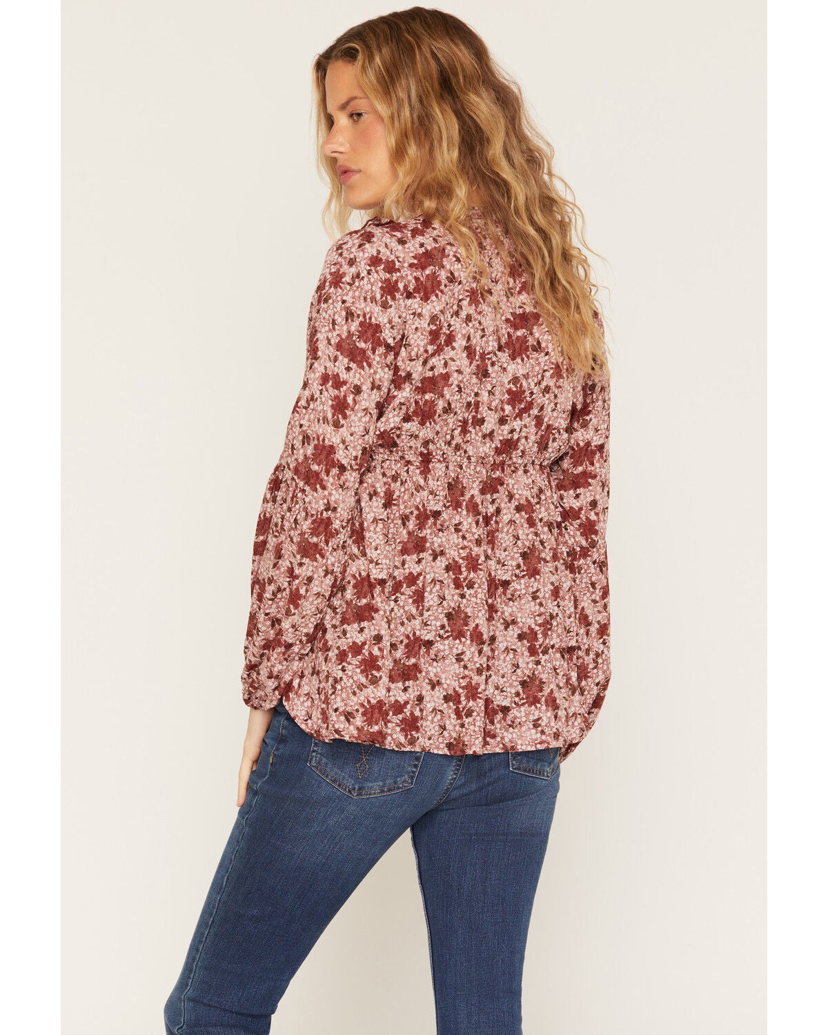 Image #4 - Wild Moss Women's Floral Print Ruffle Long Sleeve Top, Burgundy, hi-res