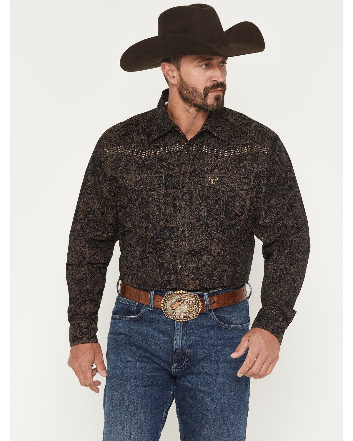 Image #1 - Cowboy Hardware Men's Tooled Floral Print Long Sleeve Snap Stretch Western Shirt, Dark Brown, hi-res