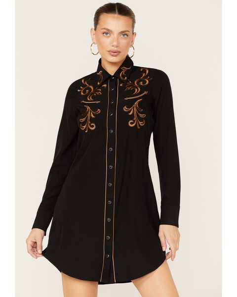 Image #1 - Roper Women's Western Embroidered Shirt Dress, Black, hi-res