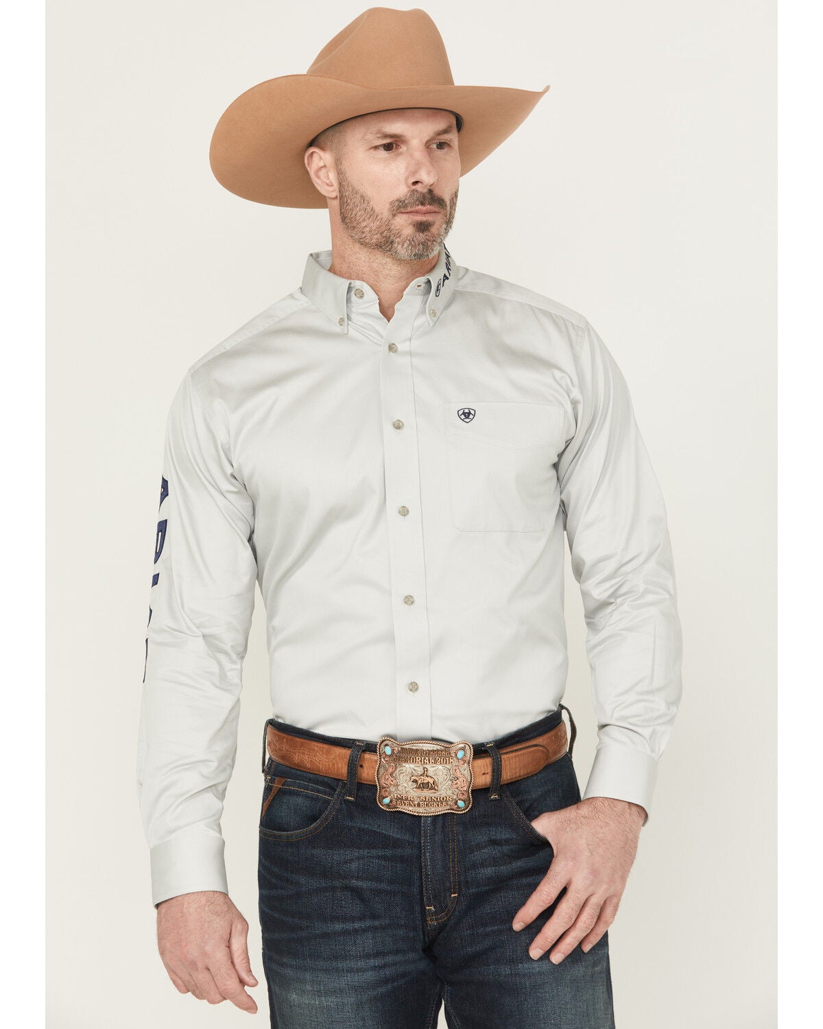 Image #3 - Ariat Men's Team Logo Twill Solid Long Sleeve Button-Down Western Shirt - Tall, Light Grey, hi-res