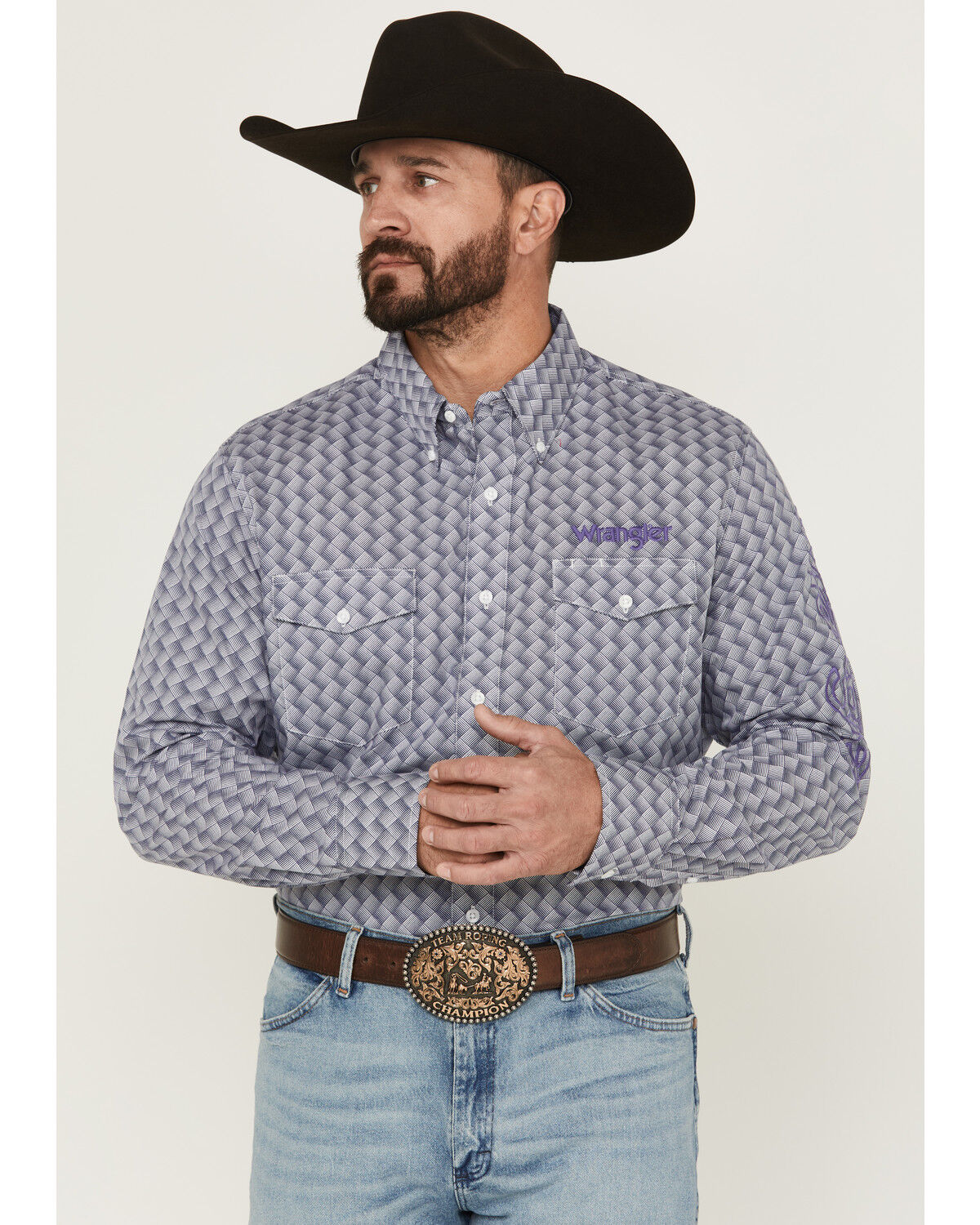 Image #1 - Wrangler Men's Printed Logo Long Sleeve Button-Down Western Shirt, Navy, hi-res