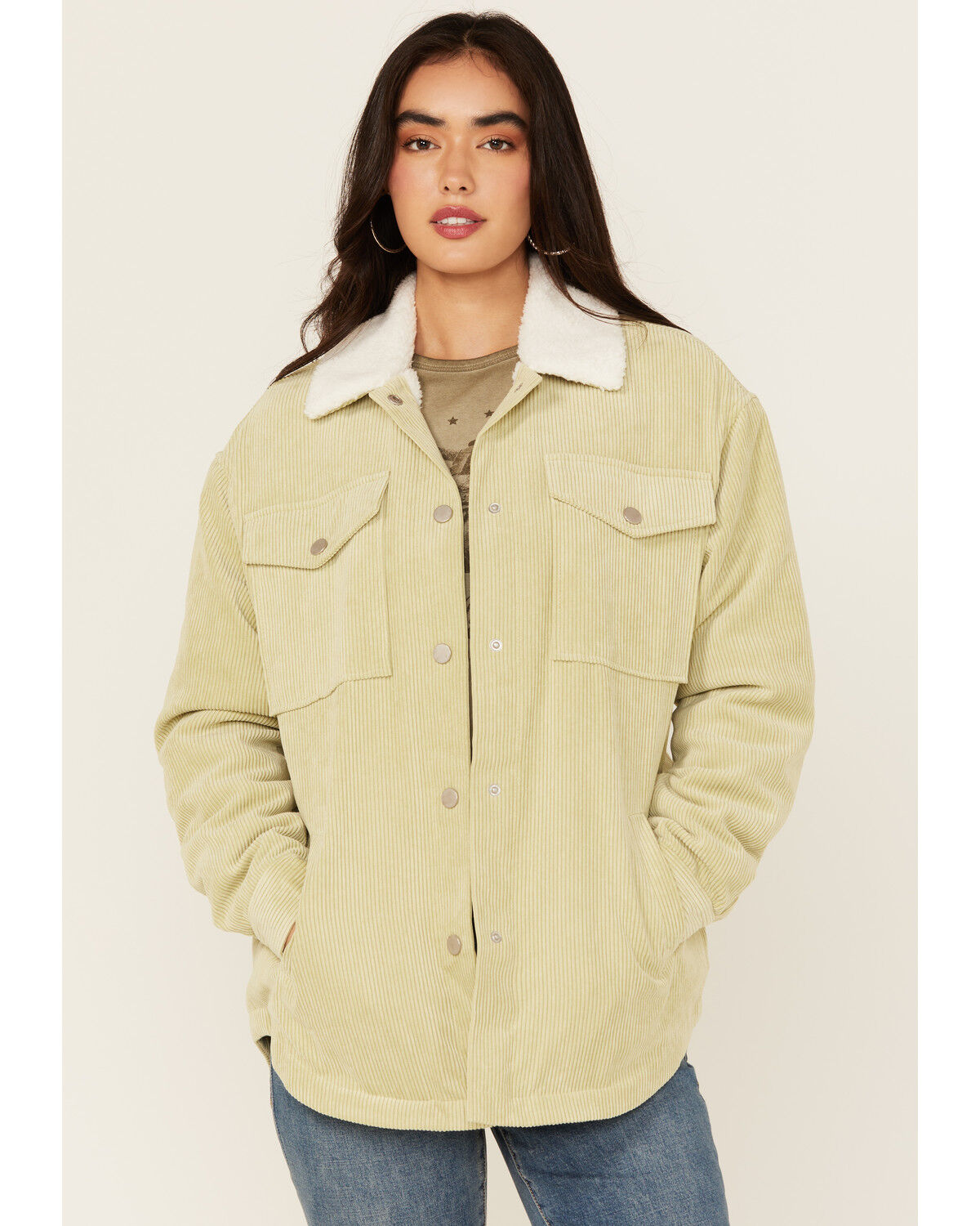 Image #1 - Ashley Women's Corduroy Sherpa Jacket, Green, hi-res