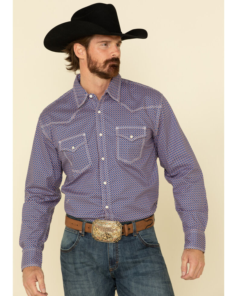 Wrangler 20X Men's Advanced Comfort Blue Small Geo Print Long Sleeve Western Shirt , Blue, hi-res