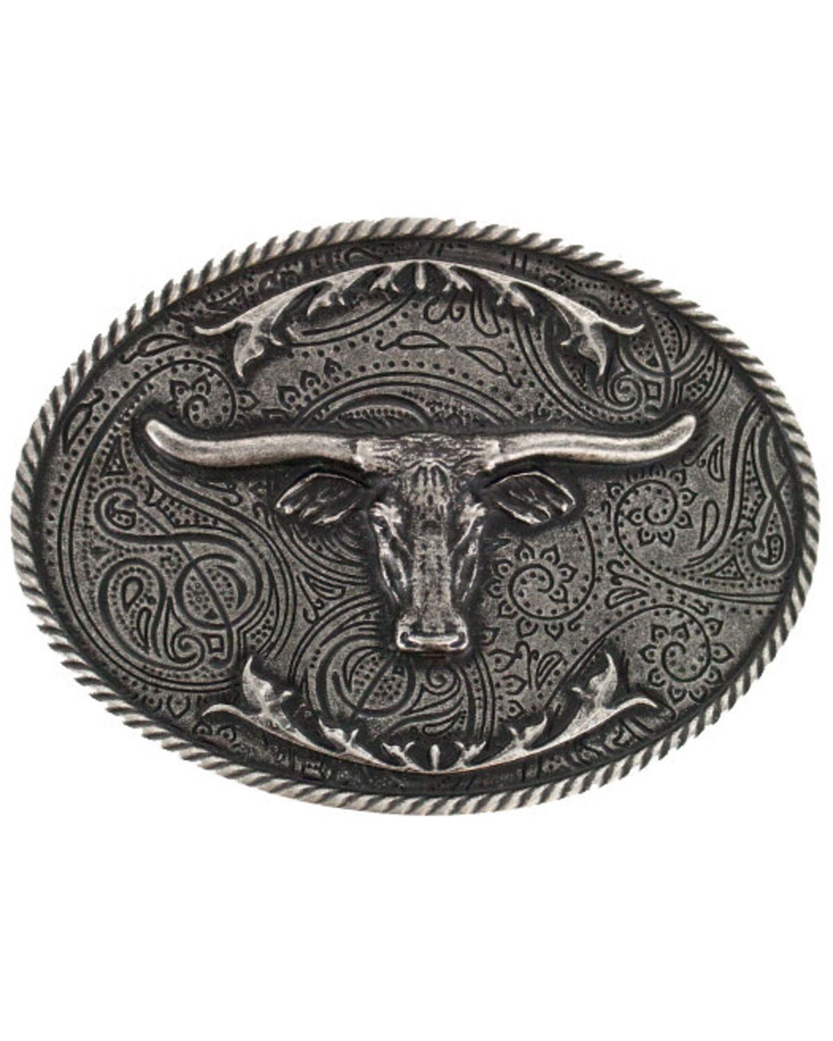 Cody James Men's Etched Longhorn Buckle, Silver, hi-res