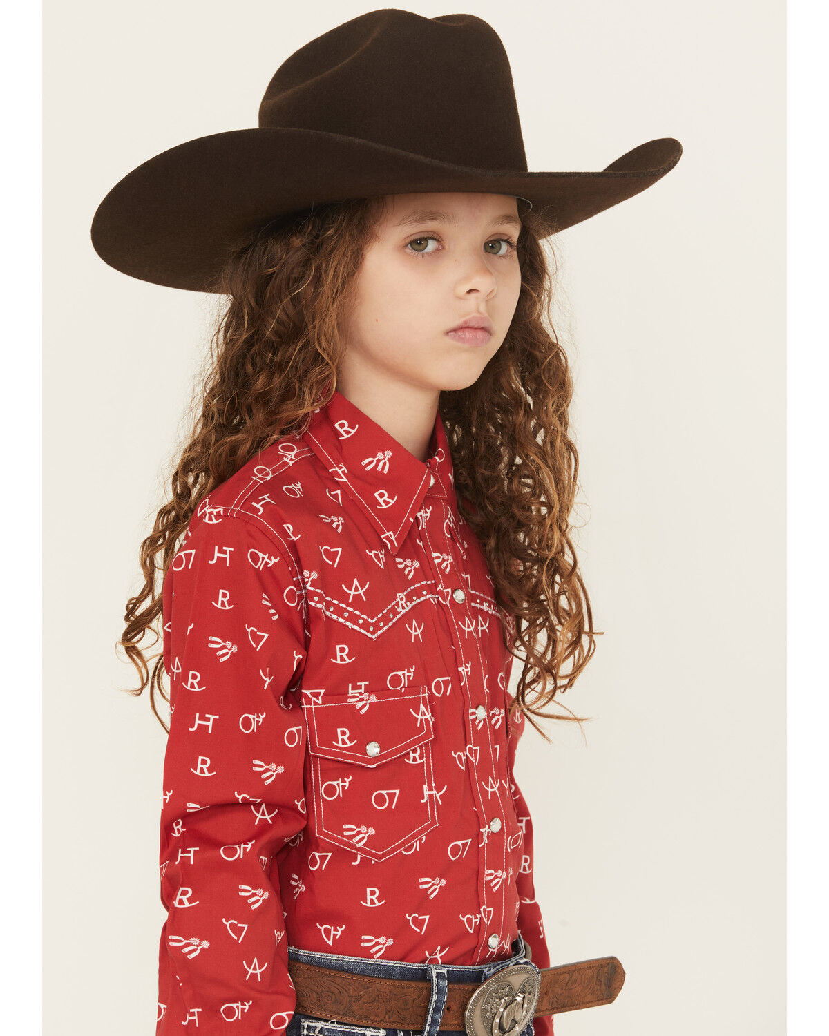 Image #2 - Cowgirl Hardware Girls' Brand Iron Print Long Sleeve Snap Stretch Western Shirt, Red, hi-res