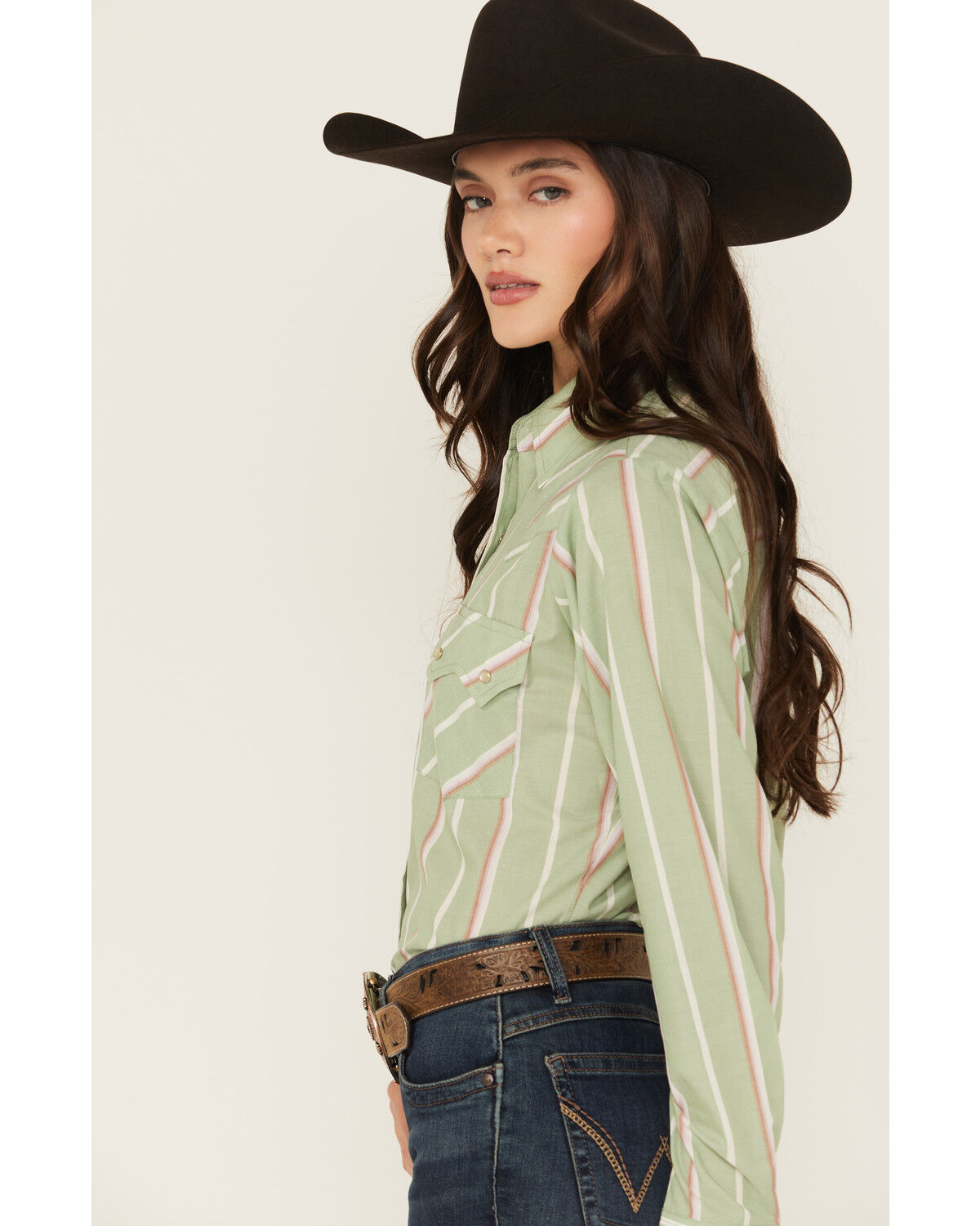 Image #3 - Cowboygirl by Jenna Paulette Women's Striped Long Sleeve Pearl Snap Western Shirt, Green, hi-res