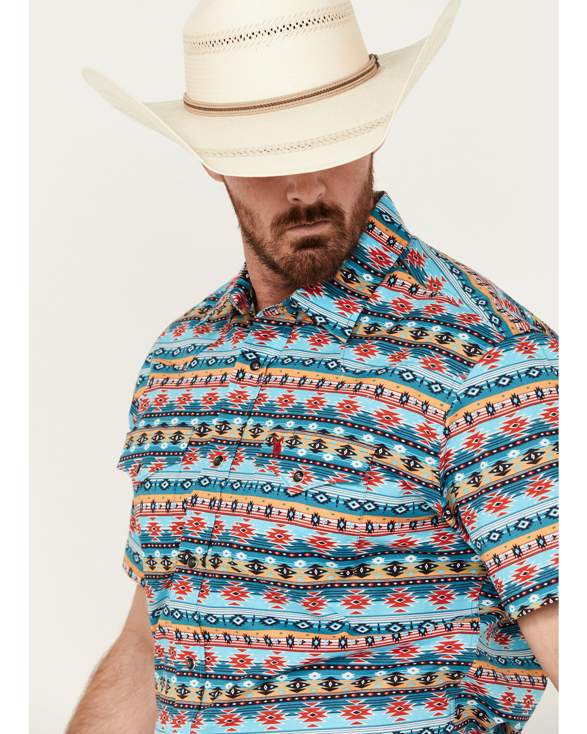 Image #2 - Rodeo Clothing Men's Southwestern Print Short Sleeve Snap Stretch Western Shirt, Blue, hi-res