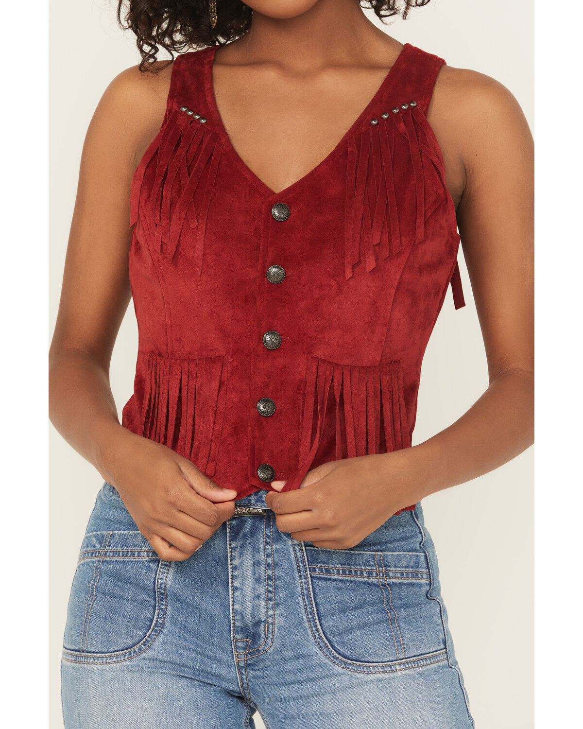 Image #3 - Rock & Roll Denim Women's Fringe Faux Suede Vest, Red, hi-res