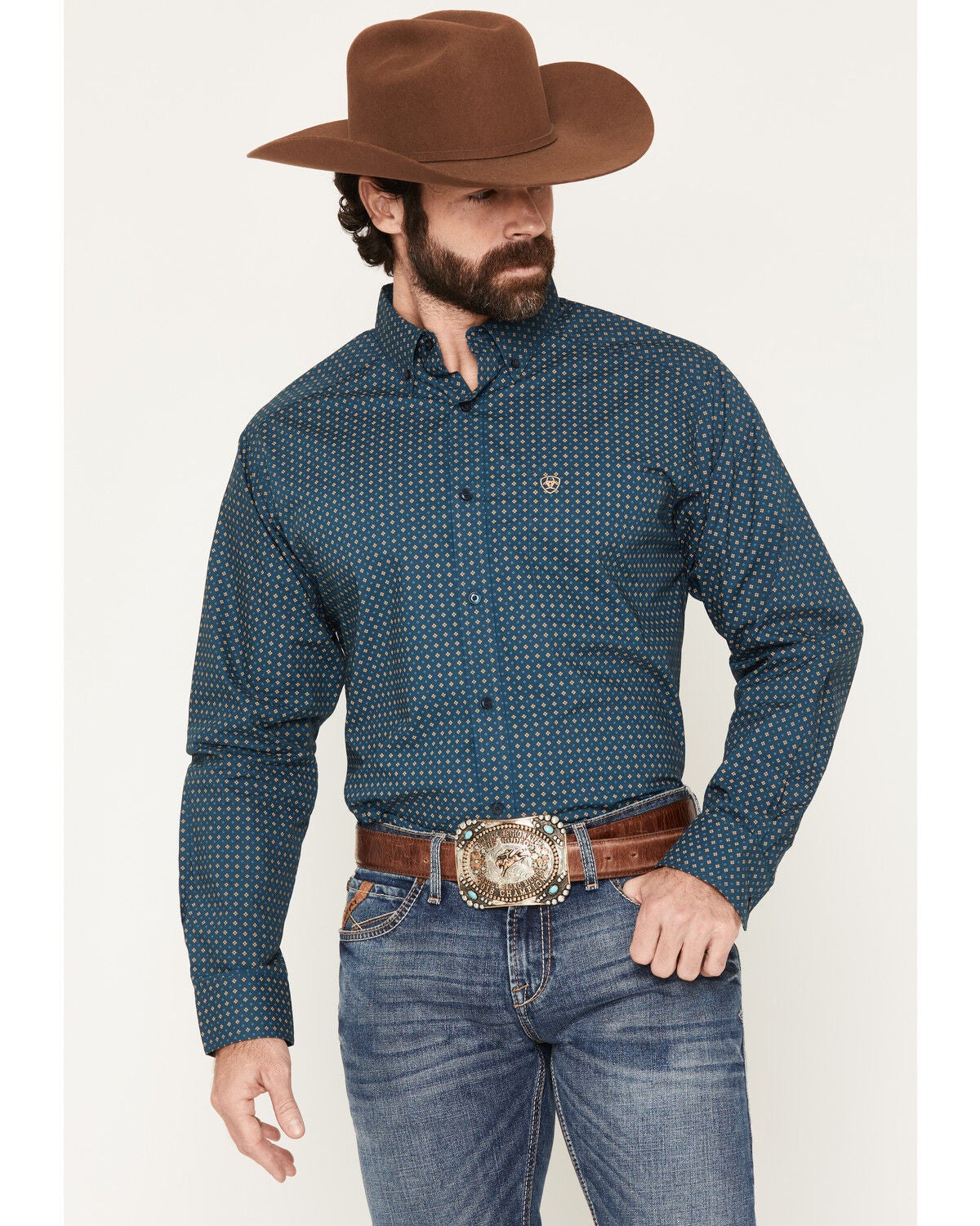 Ariat Men's Lovato Geo Print Long Sleeve Button-Down Western Shirt - Big, Teal, hi-res
