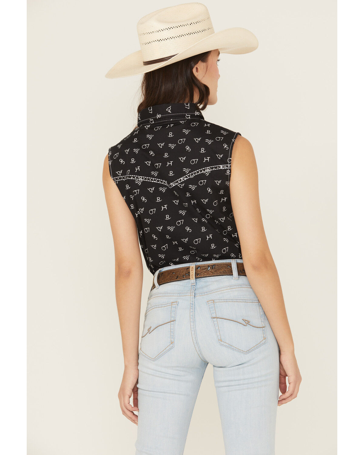 Image #4 - Cowgirl Hardware Women's Branded Print Sleeveless Rhinestone Snap Stretch Western Shirt, Black, hi-res