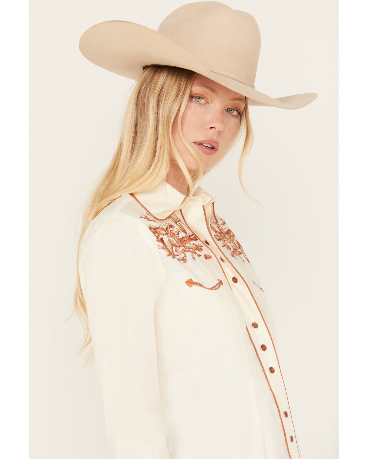 Image #2 - Rockmount Ranchwear Women's Embroidered Scenic Long Sleeve Pearl Snap Western Shirt, Ivory, hi-res