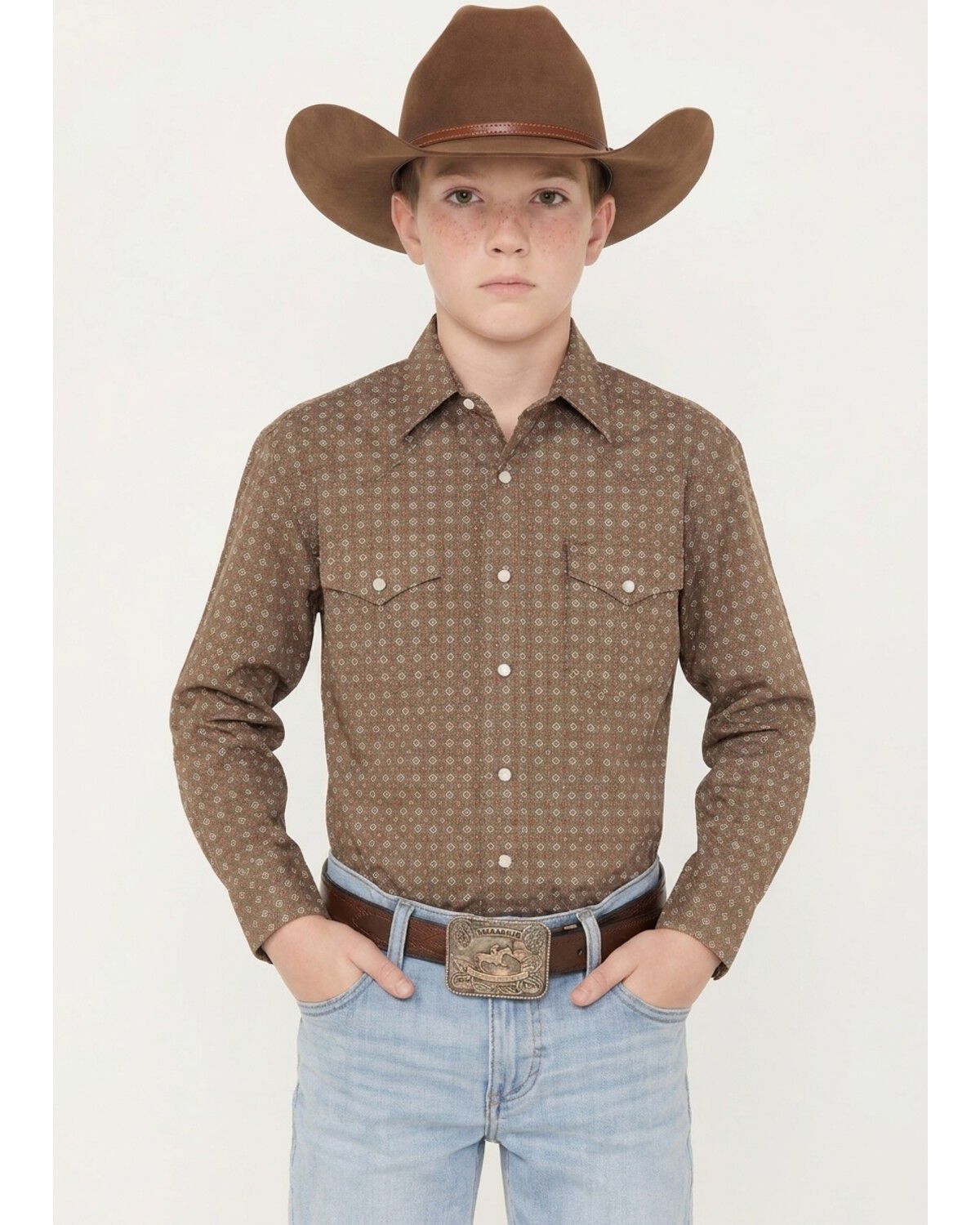 Panhandle Boys' Geo Print Long Sleeve Pearl Snap Stretch Western Shirt, Olive, hi-res