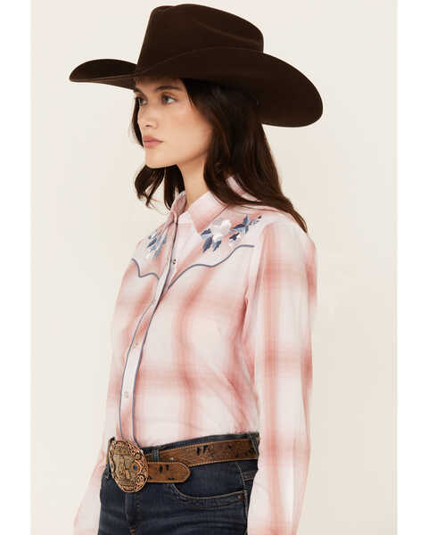 Image #2 - Ely Walker Women's Floral Embroidered Plaid Print Long Sleeve Pearl Snap Western Shirt, Rust Copper, hi-res