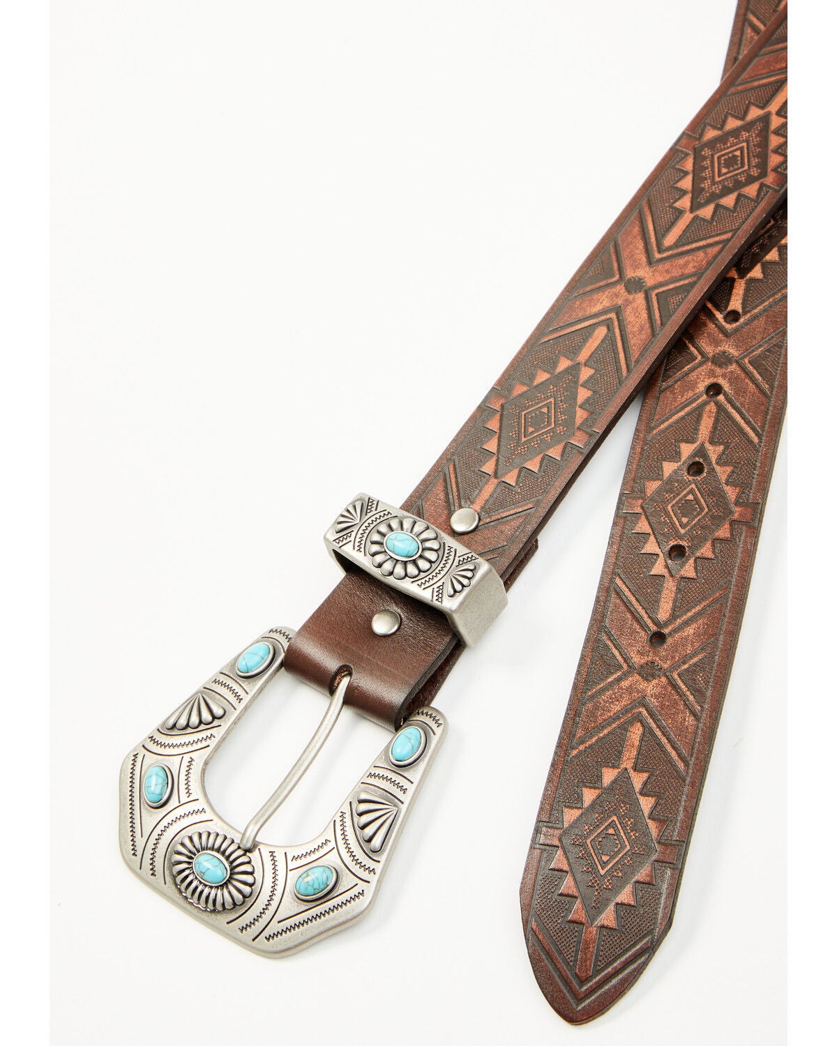 Image #3 - Shyanne Women's Stone Buckle Southwestern Print Embossed Belt, Dark Brown, hi-res