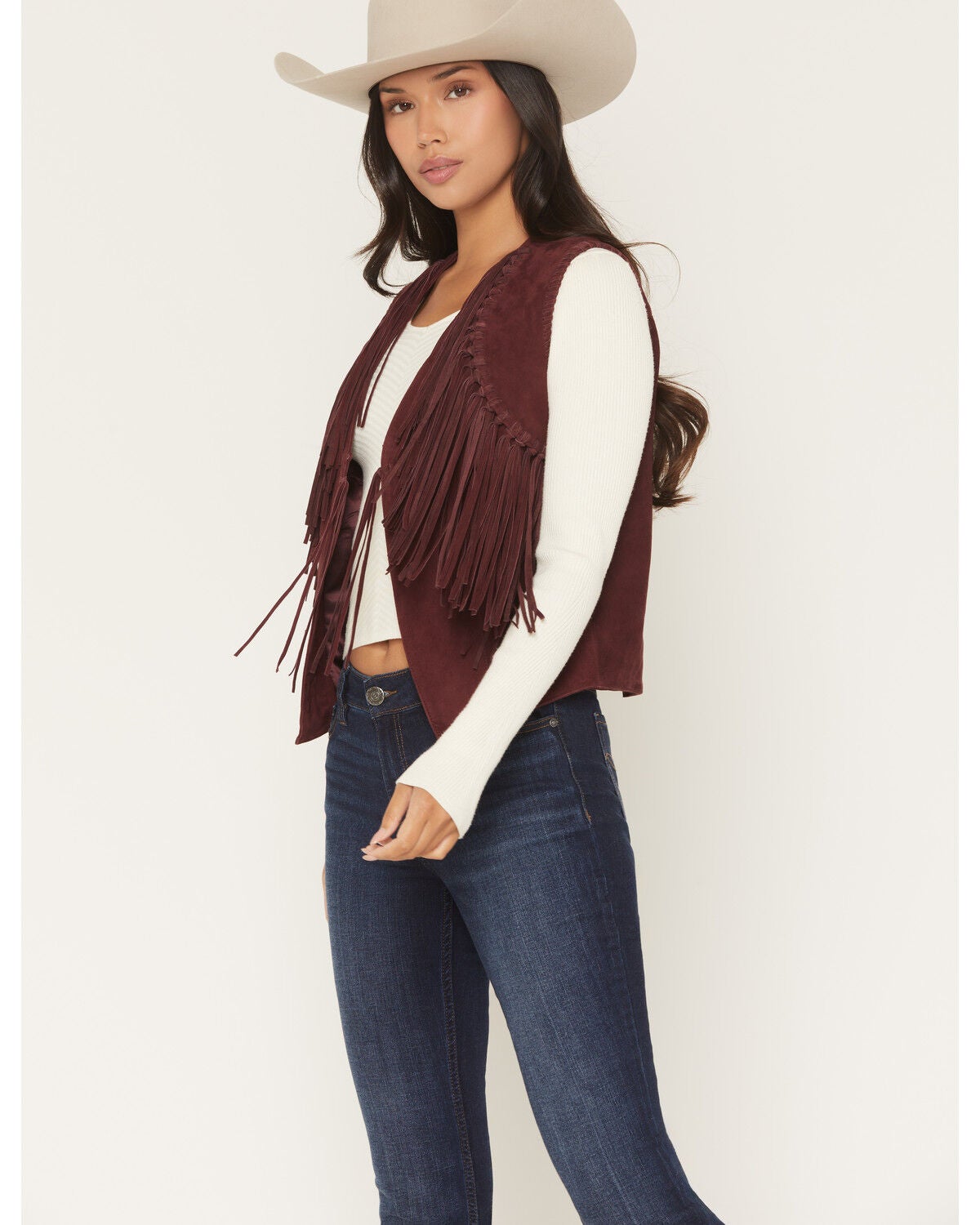 Image #1 - Scully Women's Suede Fringe Front Tie Vest, Ruby, hi-res