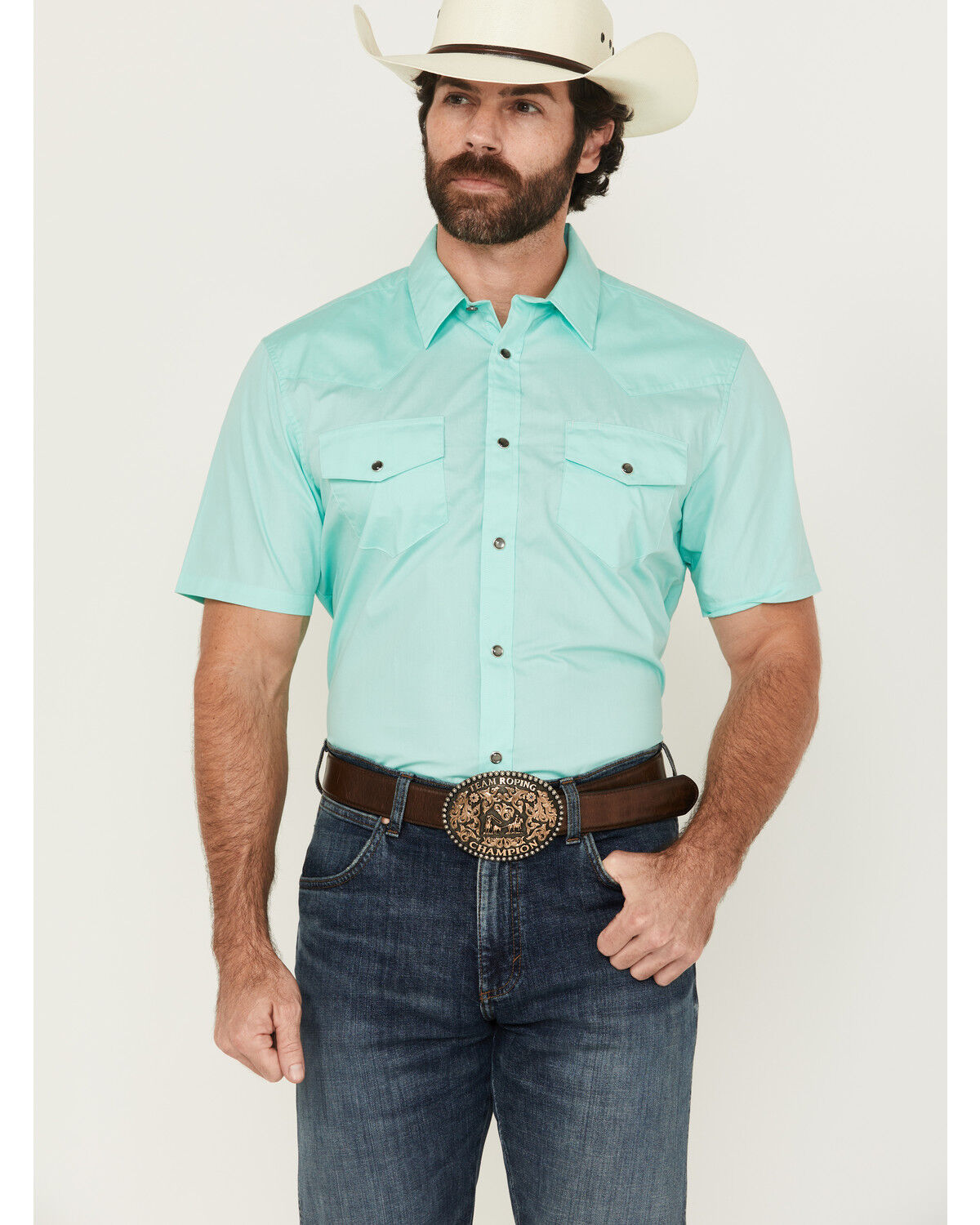 Image #1 - Gibson Trading Co Men's White Water Solid Short Sleeve Snap Stretch Western Shirt - Tall, Mint, hi-res
