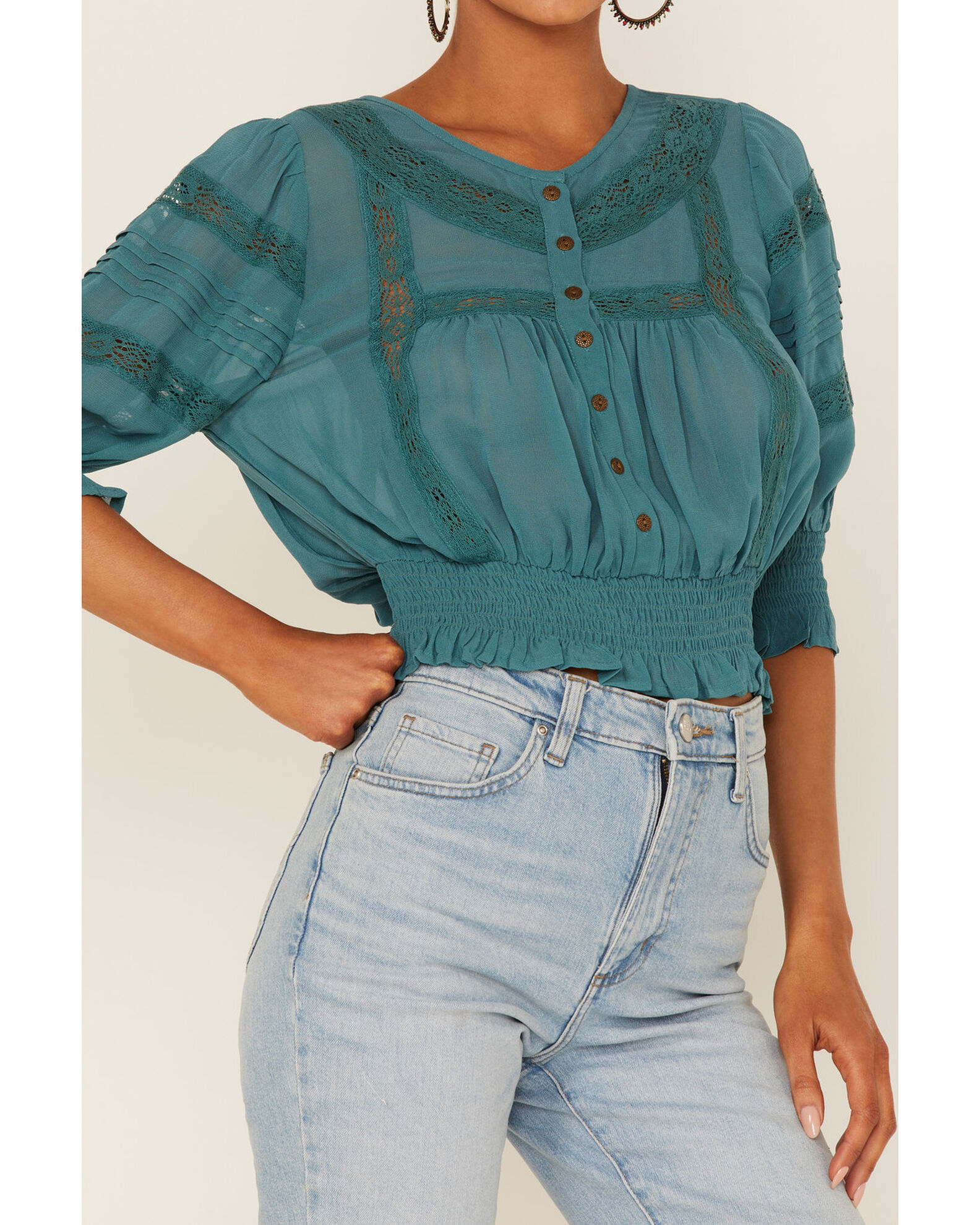 Image #3 - Patrons of Peace Women's Woven Lace Smocked Bottom Blouse, Blue, hi-res