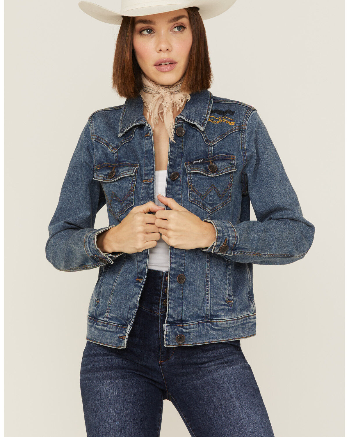 Image #1 - Wrangler Women's Yellowstone Laser Denim Jacket, Medium Wash, hi-res