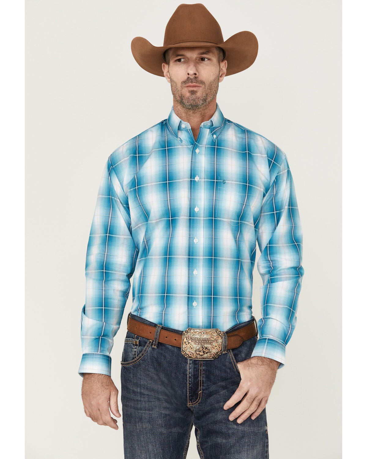 Stetson Men's Large Ombre Plaid Print Long Sleeve Button Down Western Shirt, Blue, hi-res