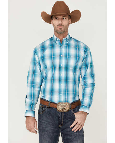 Image #1 - Stetson Men's Large Ombre Plaid Print Long Sleeve Button Down Western Shirt , Blue, hi-res