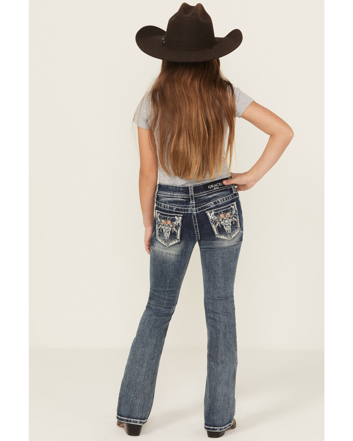 Image #1 - Grace In La Girls' Floral Steerhead Embroidered And Embellished Bootcut Stretch Denim Jeans, Blue, hi-res