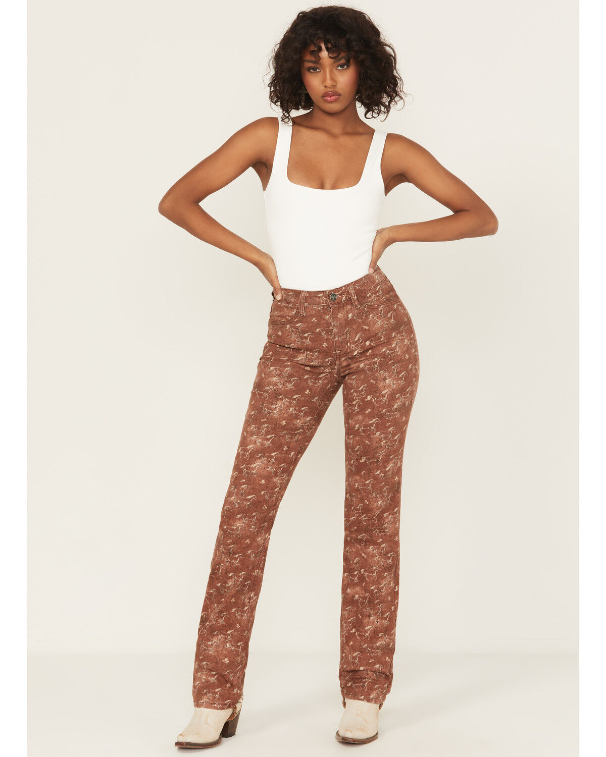 Image #1 - Rock & Roll Denim Women's Horse Print High Rise Bargain Bootcut Stretch Jeans, Brown, hi-res