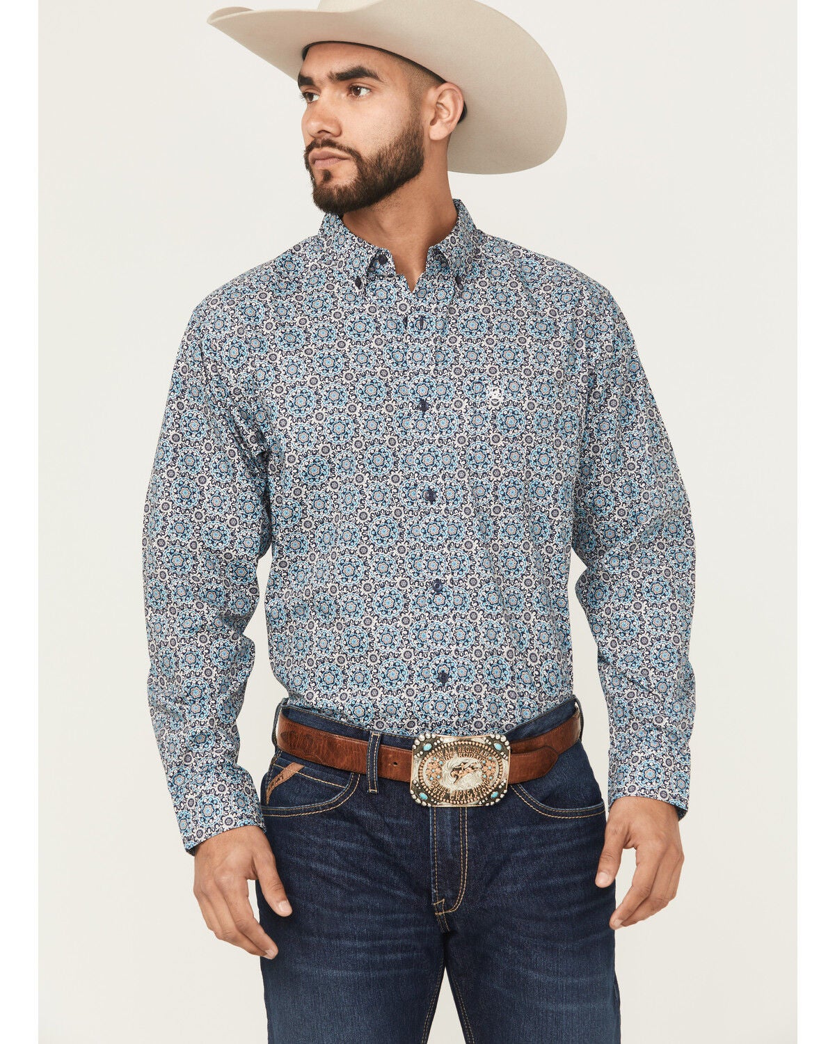 Ariat Men's Santiago Floral Print Long Sleeve Button-Down Western Shirt, Dark Teal, hi-res