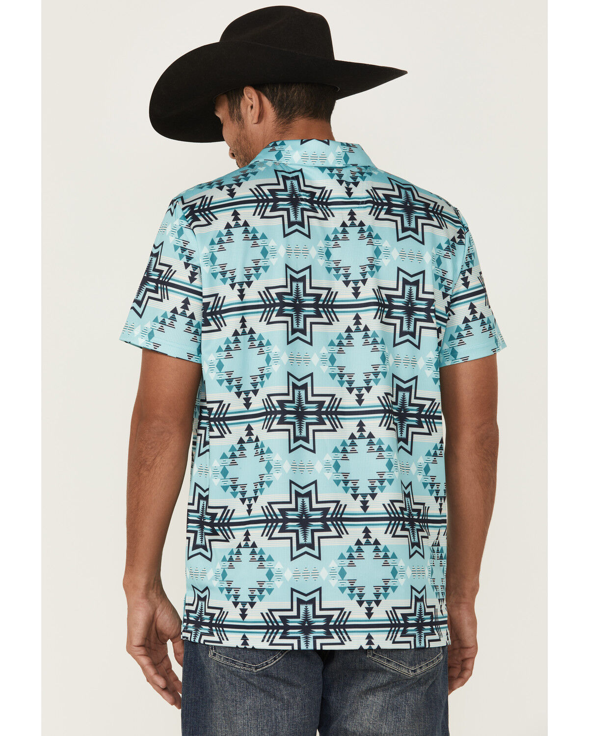 Image #4 - Rock & Roll Denim Men's Boot Barn Exclusive Southwestern Print Short Sleeve Polo Shirt, Teal, hi-res
